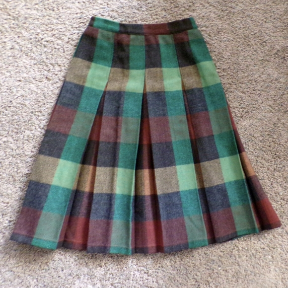 PLAID VINTAGE SKIRT green brown wool xs - Picture 7 of 10